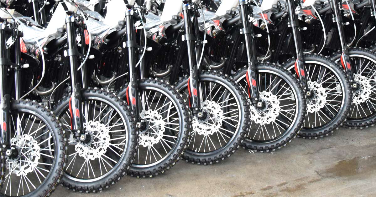 a row of good performance tyres on dirt bikes