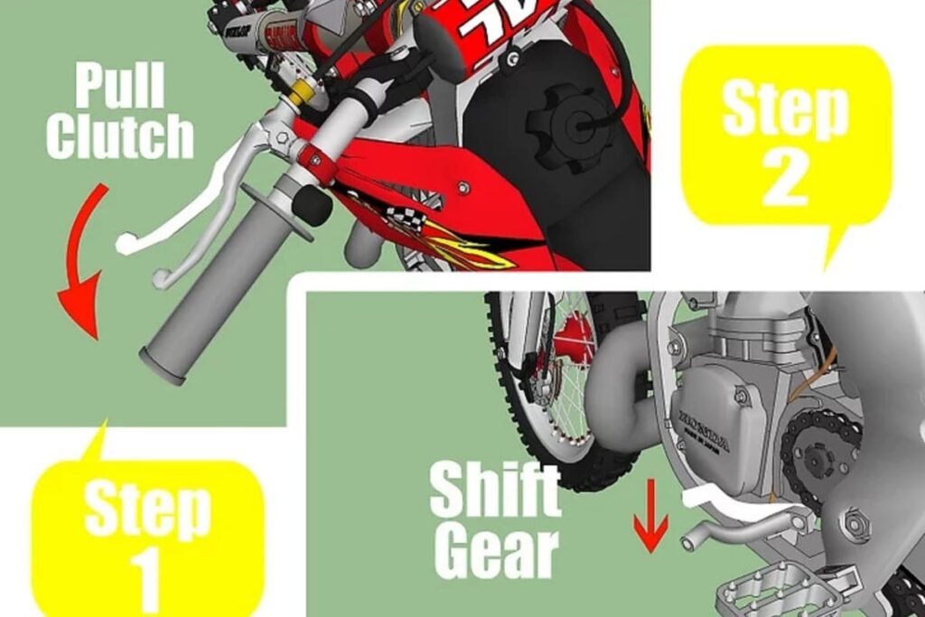 pull in the clutch and push down on the shifter to put the bike into first gear